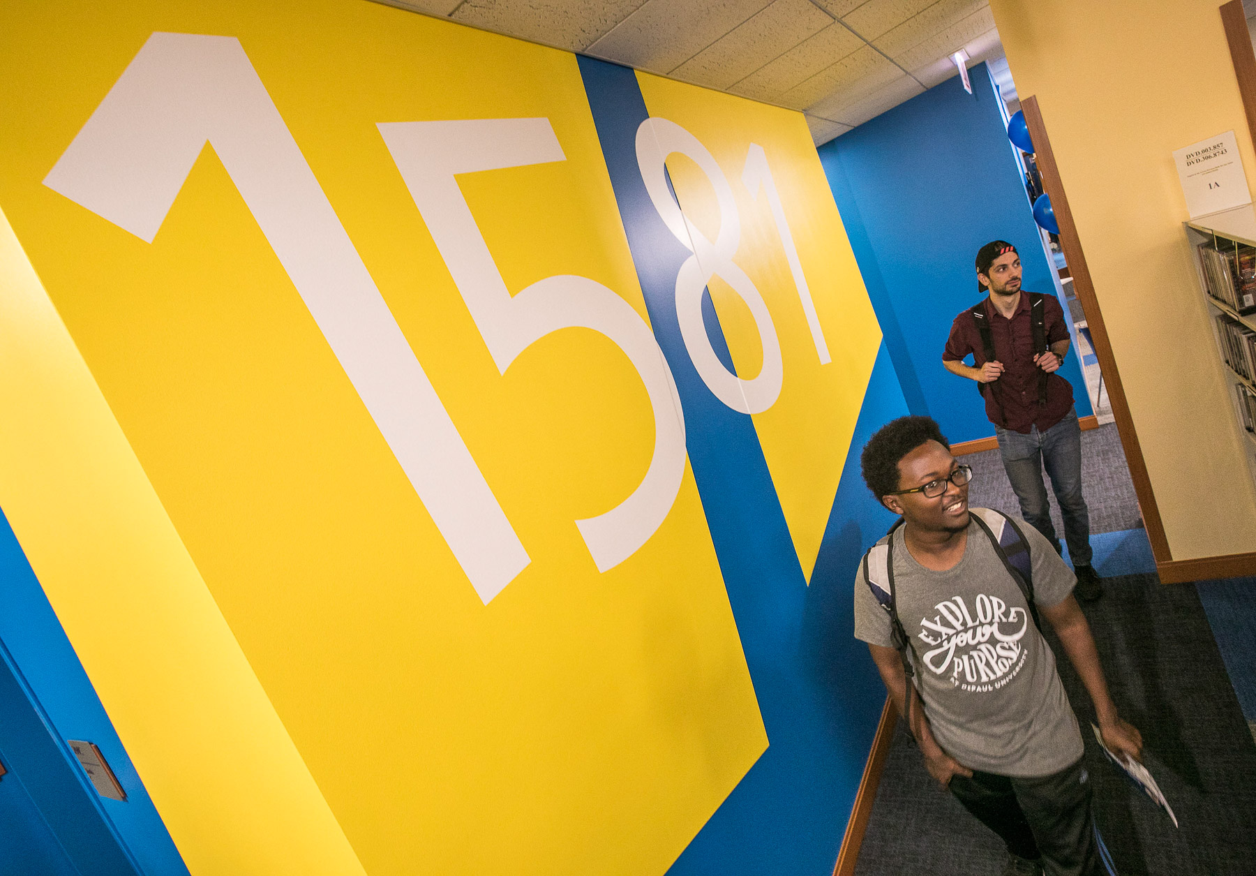 Students tour the newly remodeled second floor of the John T. Richardson Library, including the new 1581 Media Studios. (DePaul University/Jamie Moncrief)